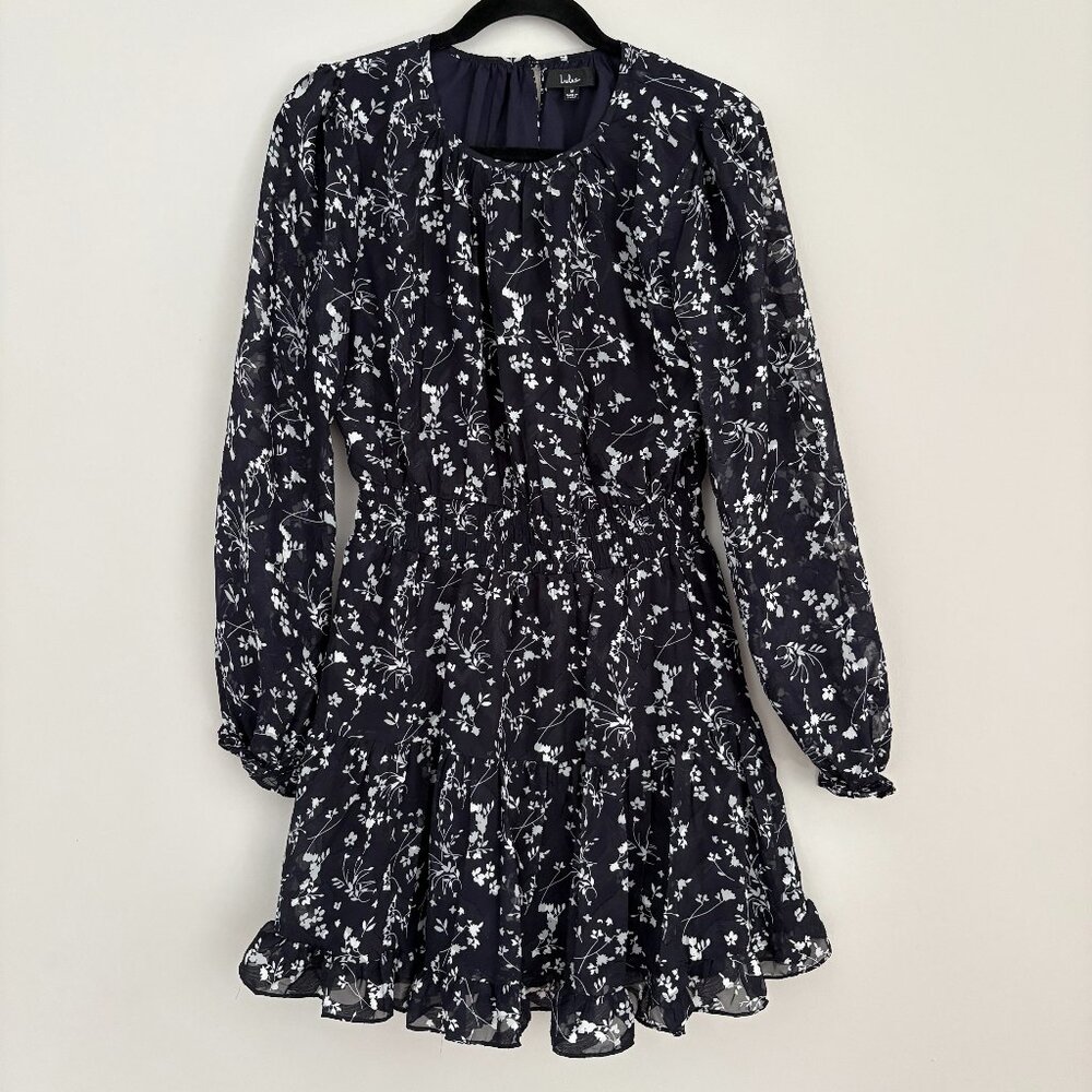 Lulus Too Cute Navy Blue Floral Print Smocked Long Sleeve Mini Dress Coquette M